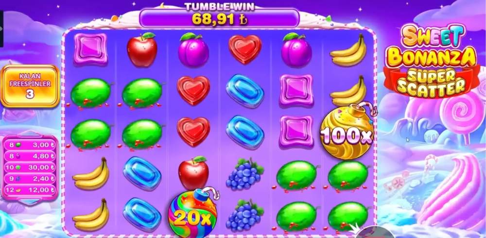 Sweet Bonanza oyununda 100x çarpan bombası ile büyük kazanç anı.